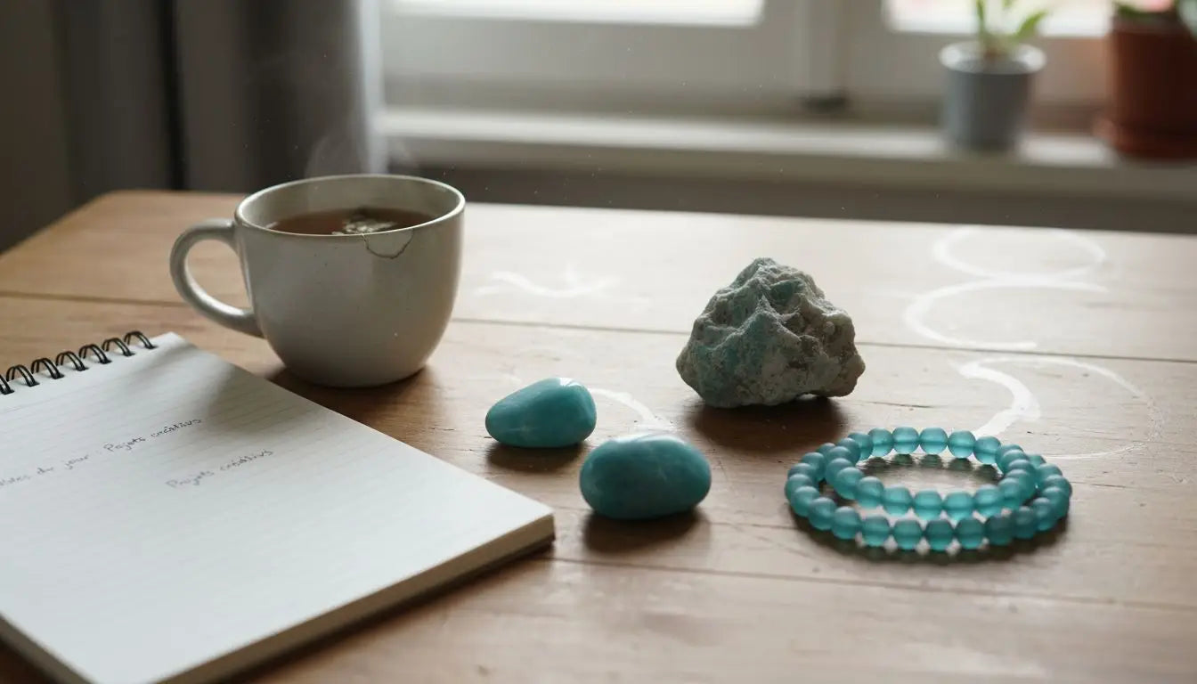 Gros plan sur des pierres d'amazonite naturelles et un bracelet assorti