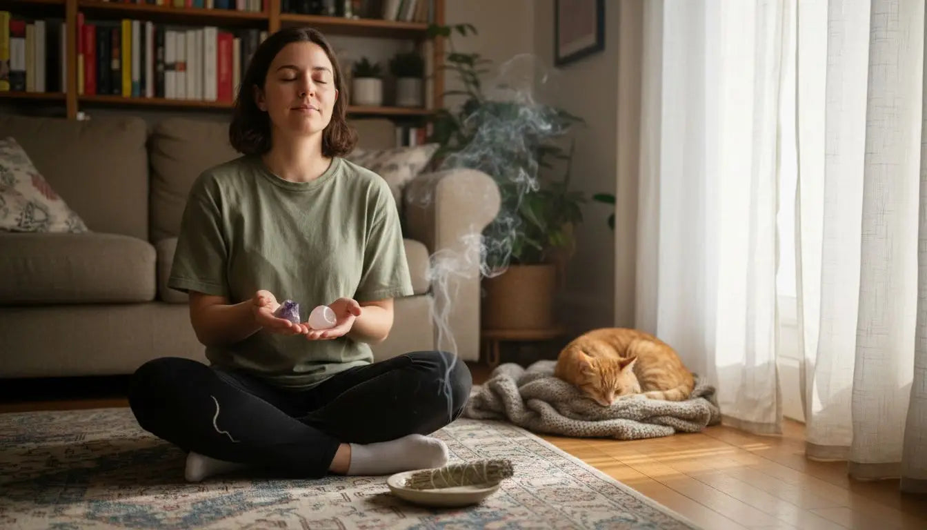 Une femme en pleine séance de méditation, entourée de pierres énergétiques et de sauge.