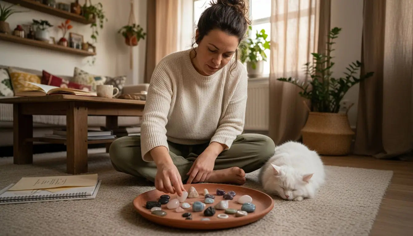 Une femme affairée à trier des pierres sur un plateau