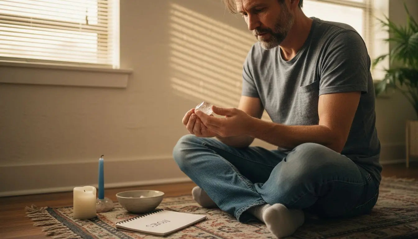 Un homme en pleine cérémonie ésotérique, manipulant des cristaux pour canaliser leur énergie.