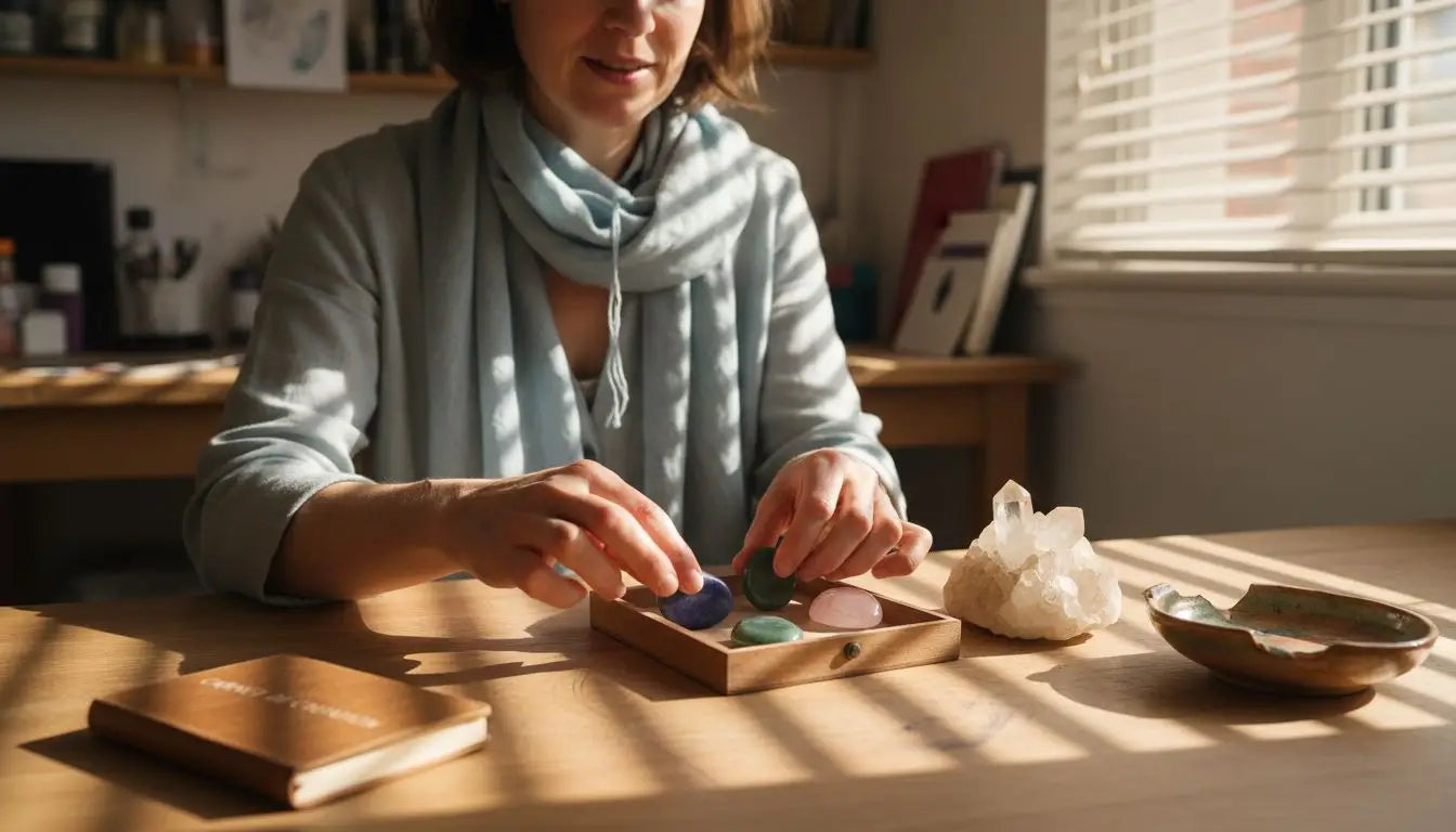 Un artisan sélectionne avec soin des pierres précieuses étalées sur sa table de travail.