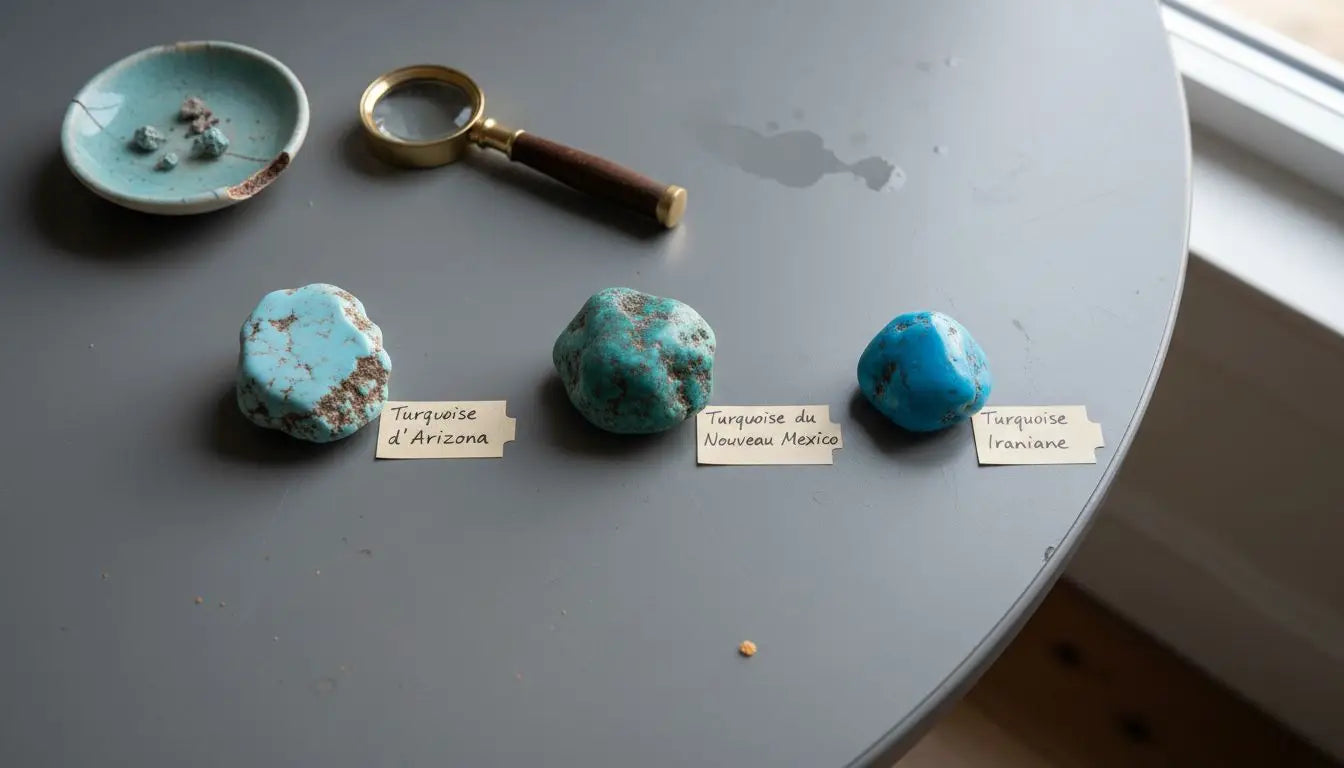 Sur la table, trois pierres turquoise aux nuances différentes attirent le regard.