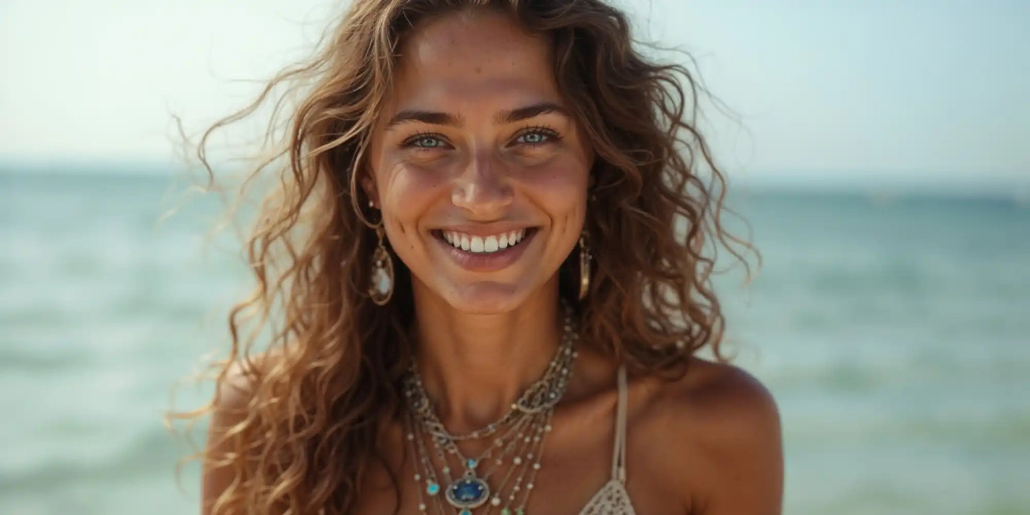 Femme aux cheveux bouclés souriant chaleureusement à la plage.