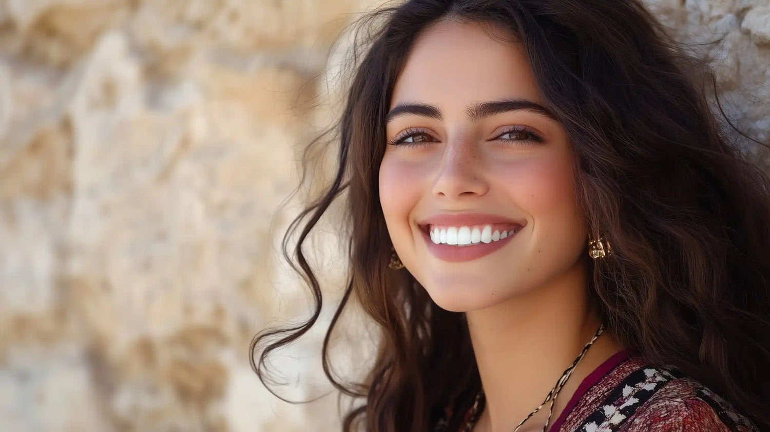 Femme souriante avec de longs cheveux bouclés foncés portant un haut bordeaux.