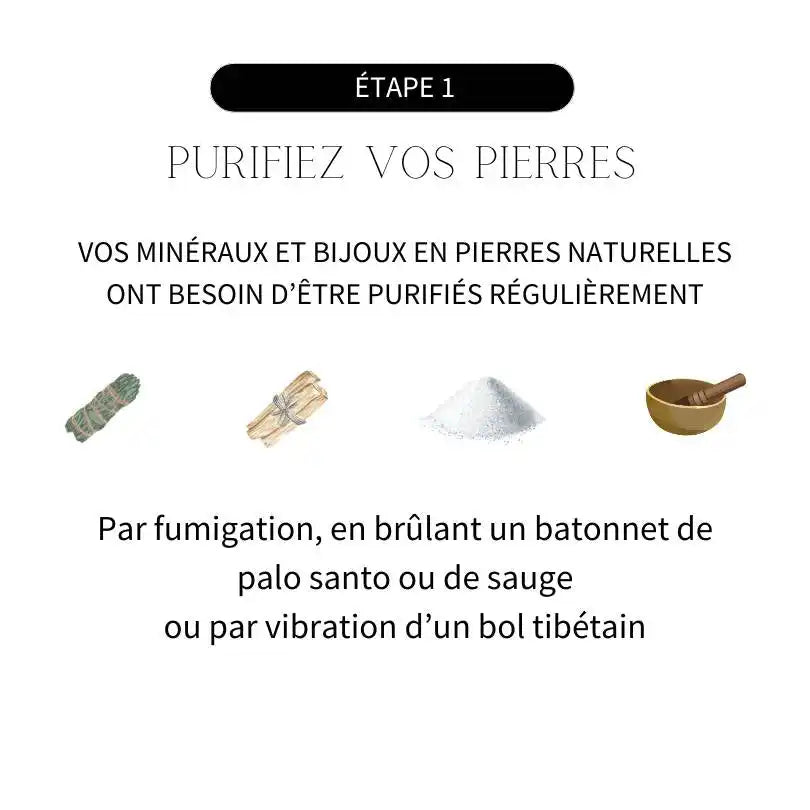 Infographie en français sur la purification des gemmes et des bijoux en pierre naturelle. Image