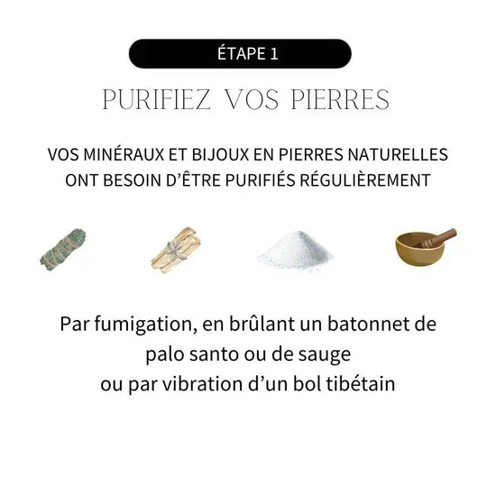 Infographie en français sur la purification des gemmes et des bijoux en pierre naturelle.